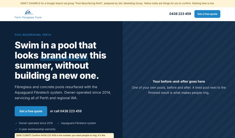 Preview of the Pool Resurfacing Perth landing page